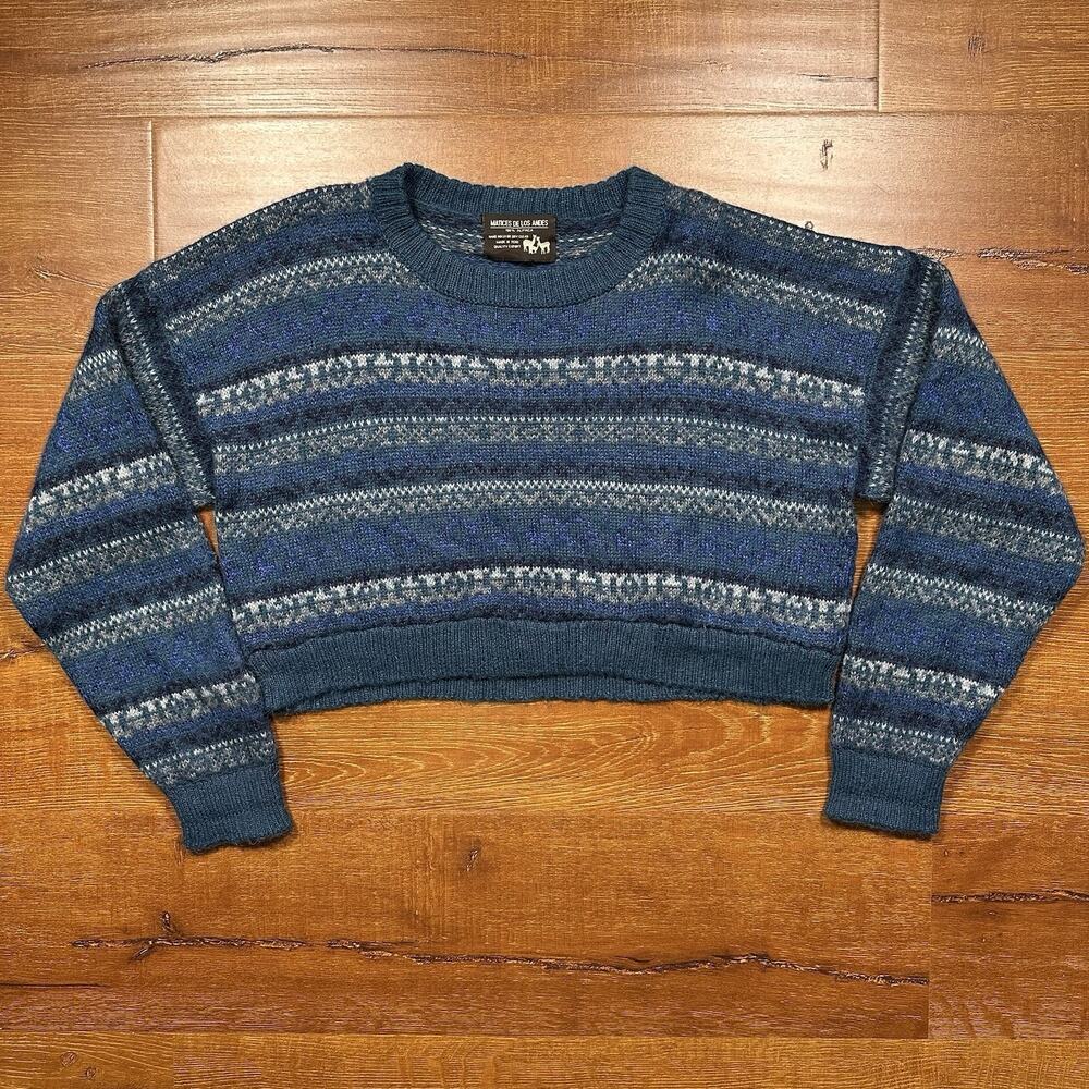 Matices De Los Andes Crop Sweater Womens OS L/XL Blue Fair Isle 100% Alpaca Peru